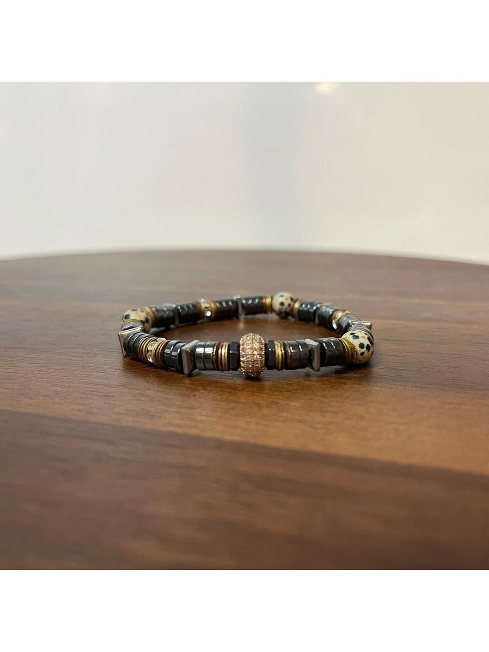 Hillberg & Berk Stretch Bracelet Hematite & Dalmatian Jasper Gold Tone Accent